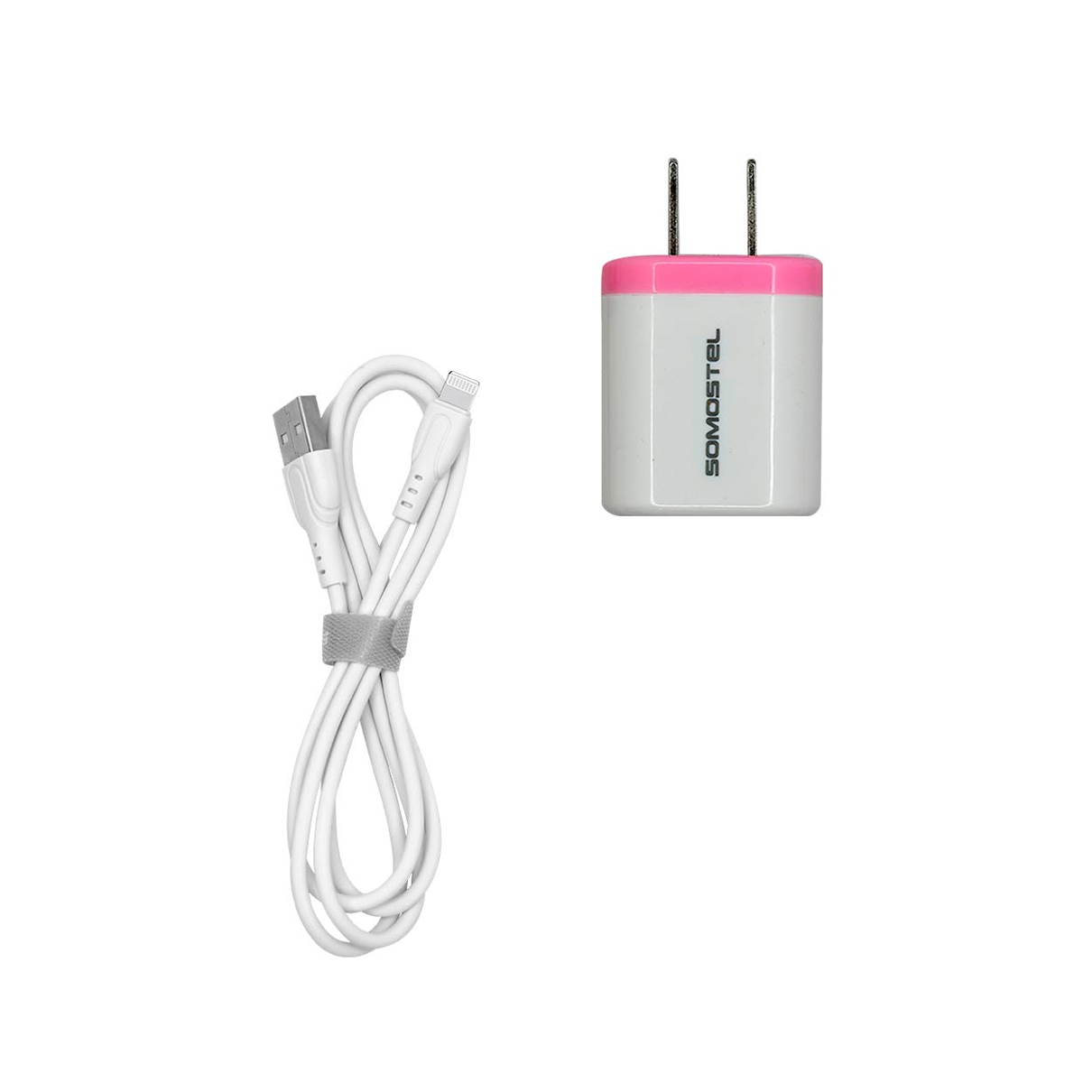 Cargador 2 en 1 Con Cable USB Tipo Lightning Color Rosado Somostel
