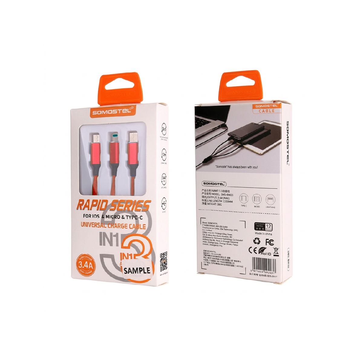 Cable USB Carga Rápida 3 en 1 Rojo Somostel - Miniatura 2