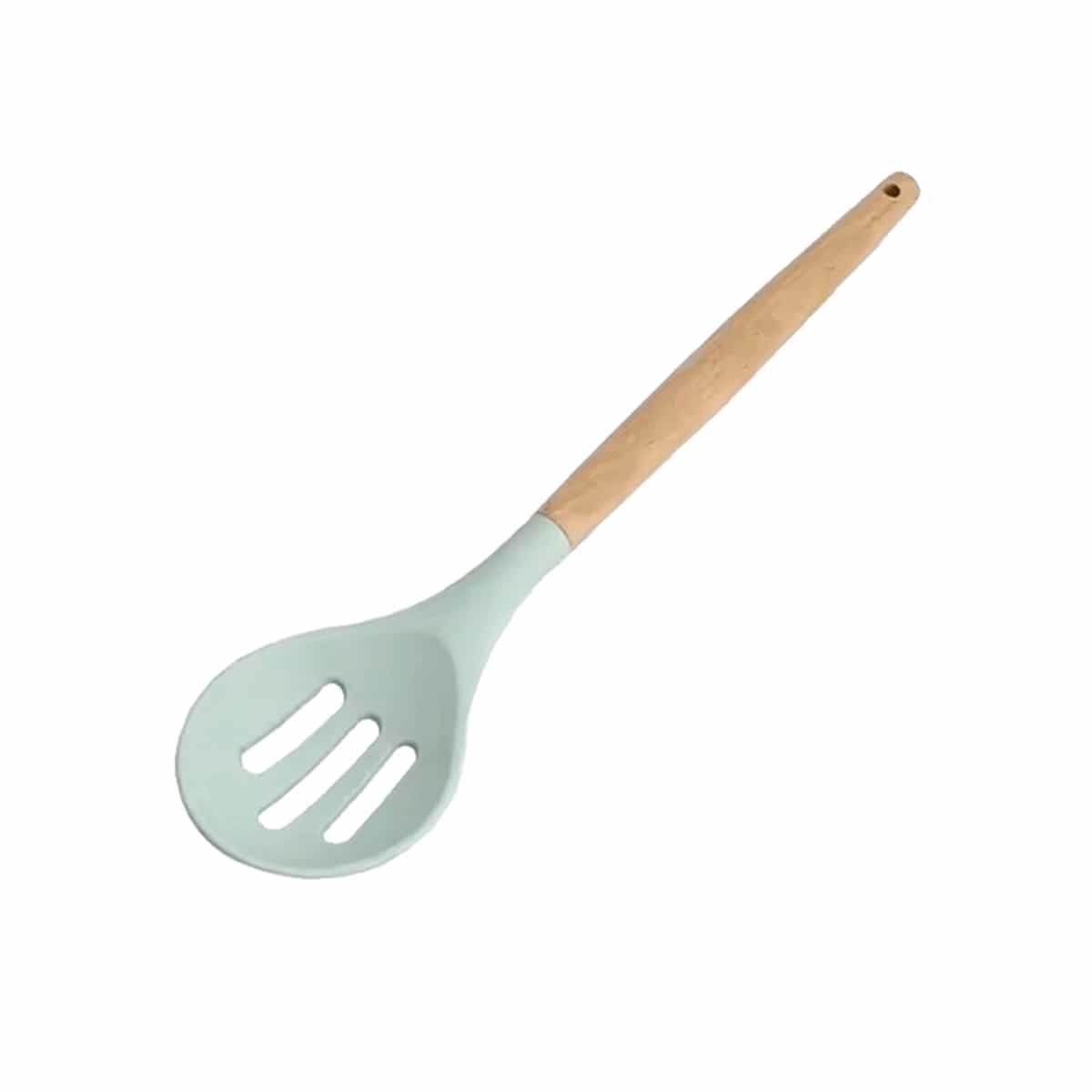 Cuchara Ranurada De Silicón Color Verde y Madera Bakers Secret