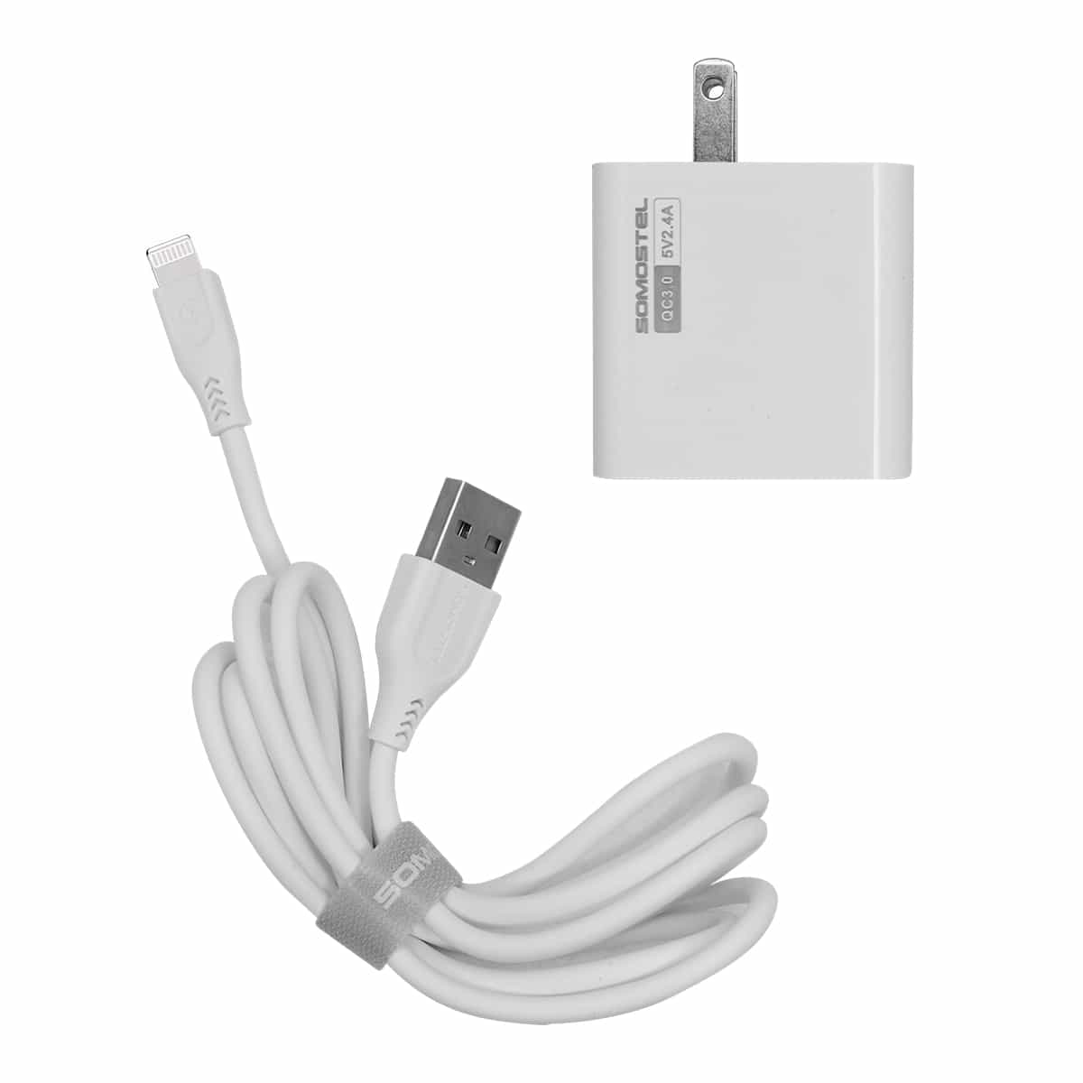 Cargador Carga Rapida 3 Entradas USB y Cable Lightning Color Blanco Somostel