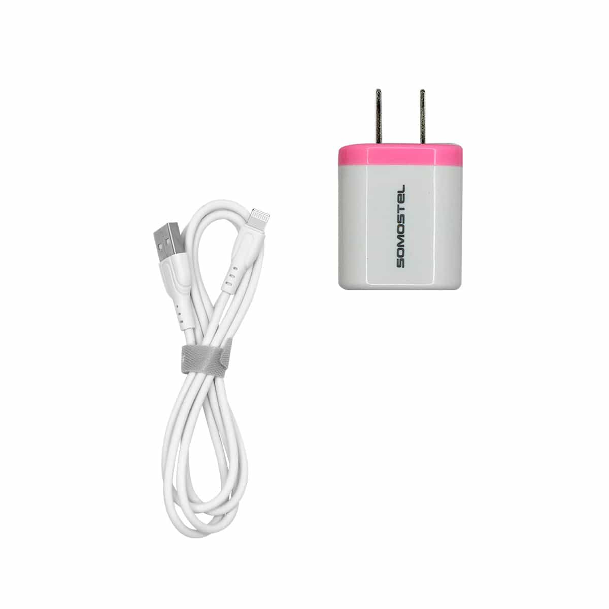 Cargador 2 en 1 Con Cable USB Tipo Lightning Color Rosado Somostel